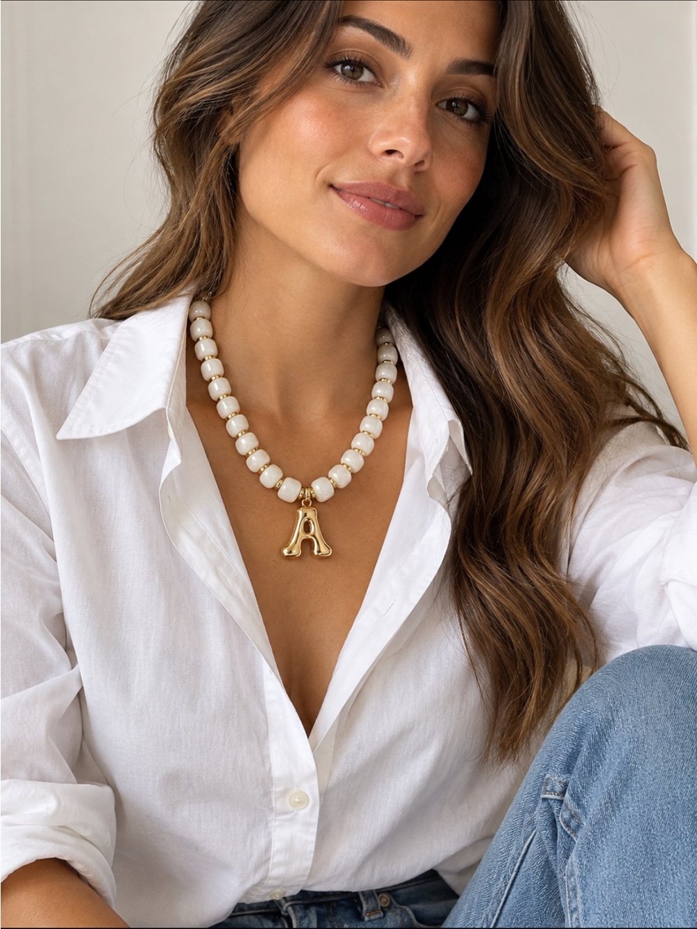 New! Ivory Beaded Monogram Initial Letter A Necklace NWOT